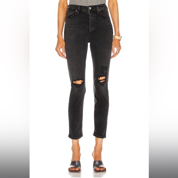 Agolde Nico High Rise Slim Button Fly Black Distressed Jeans - Picture 3 of 10